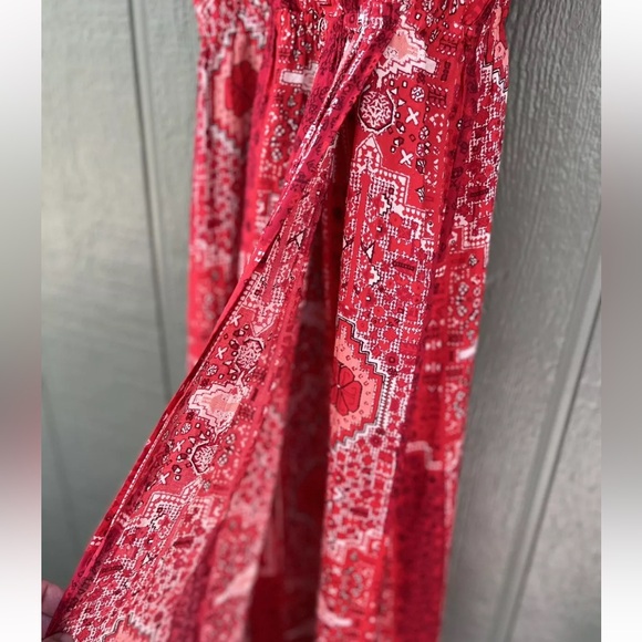 Lucky Brand Women's Boho Maxi Dress Short Sleeve Elastic Waist Red Wrap small - Picture 4 of 7